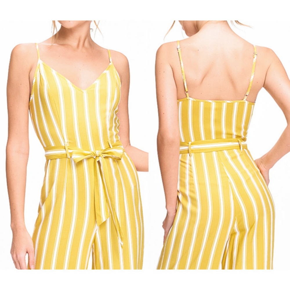 Yellow Cream Striped Wide Leg Cami V Neck Jumpsuit - Picture 3 of 7